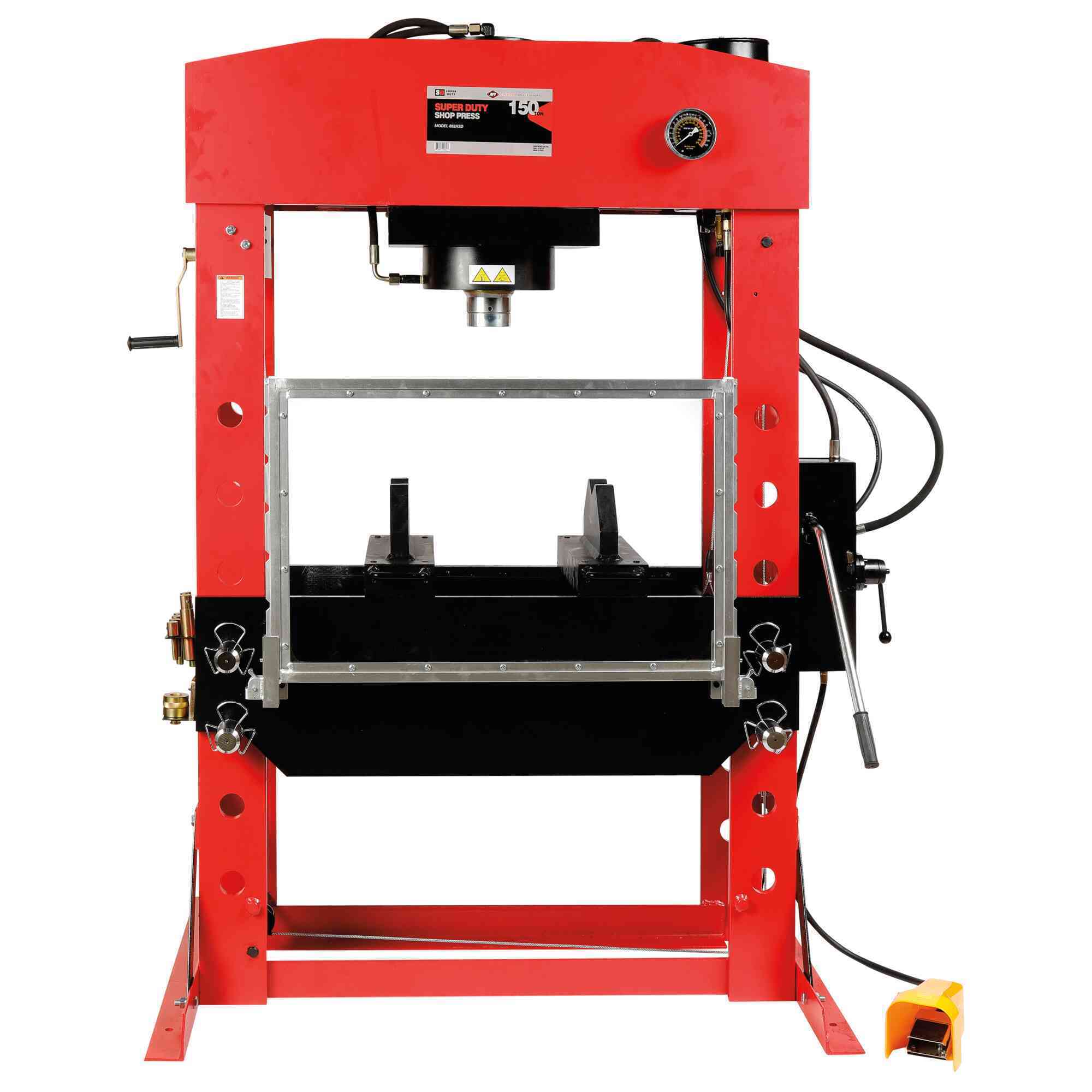 American Forge & Foundry - Shop Press - 150 Ton Capacity - Foot Operated Air Motor/Manual Pump W/ Hydraulic Ram - Built In Polycarbonate Press Guard - 10 pc Pin & Bearing Press Adapter Set Included - SUPER DUTY - Mode